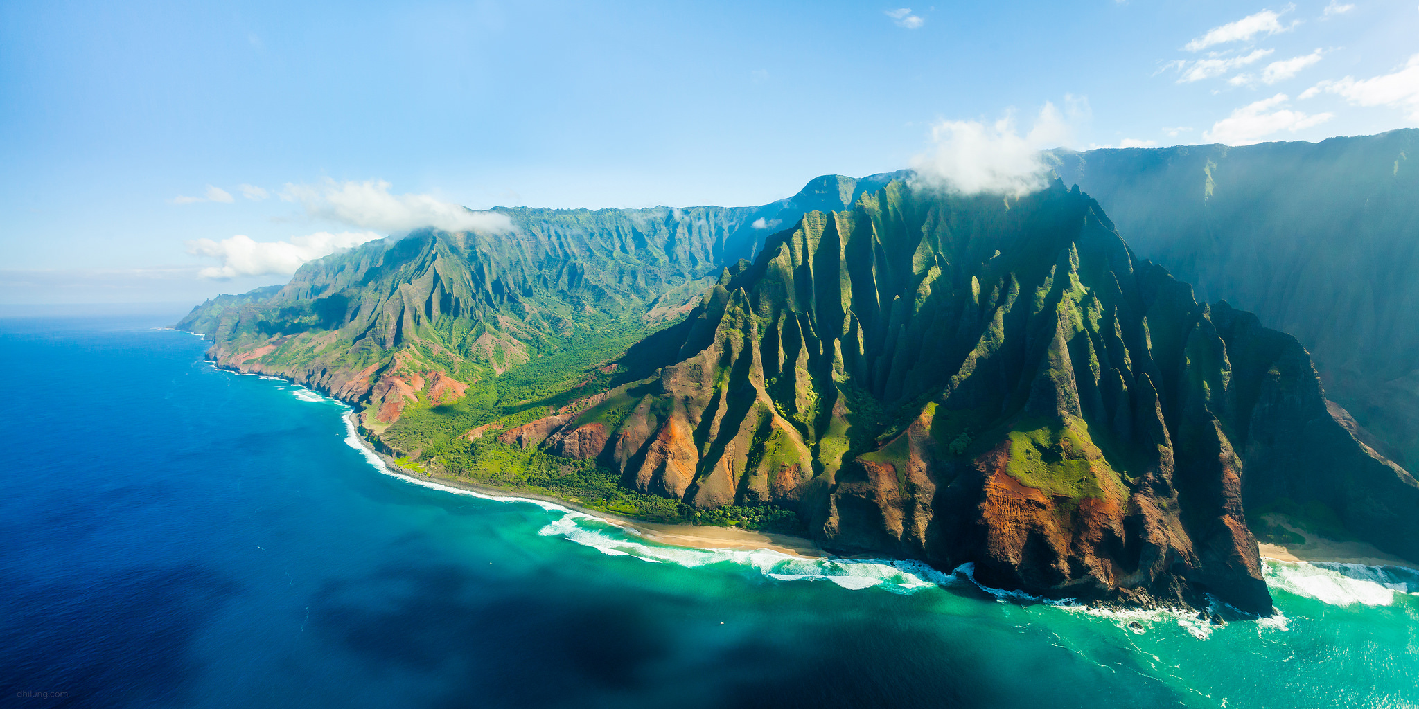 Na Pali Coast, Kauai, Hawaii - An aerial panorama shot taken from a helicopter. Many TV series and movies, including Jurassic Park, were filmed here in this Hawaiian island Kauai, also known as the 'Garden Isle'.